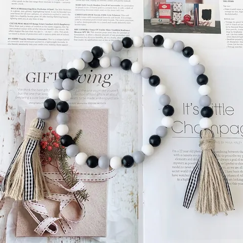 Wood Bead Garland Natural Hemp Rope Tassels Farmhouse Wall Hanging Decor Rustic Boho Home Ornament