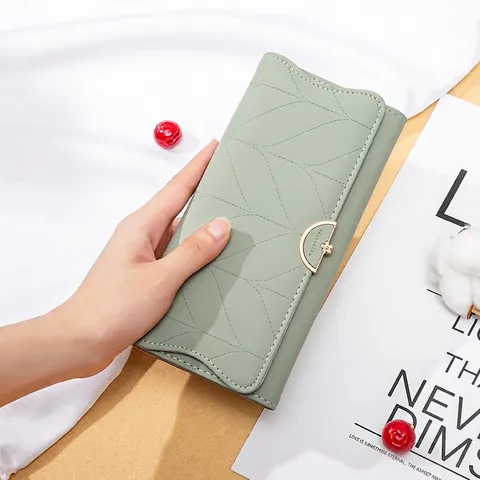 Lange Damesportemonnee PU Leer Bladstiksel Chique Metalen Bloem Gesp Grote Capaciteit Kaarthouder Clutch