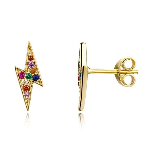Pendientes De Botón De Rayo Con Circonitas De Colores Joyería De Cobre Y Poste De Plata De Ley 925 Geométricos Para Mujer