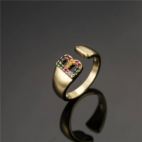 Alphabet Buchstabe Offener Ring 18K Vergoldet Kupfer Bunter Zirkon Regenbogen Verstellbar Modeschmuck Für Damen