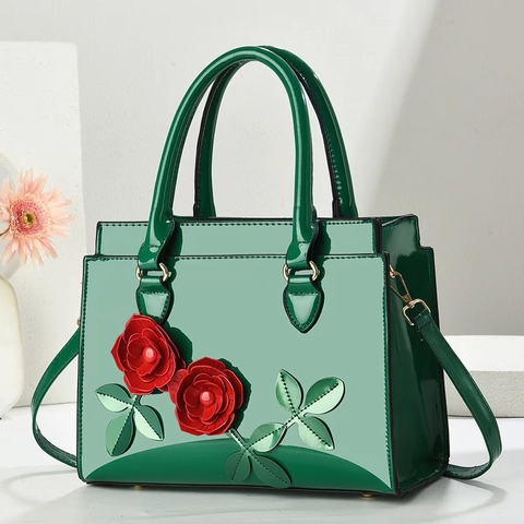 Bolso De Mano Cuero De Patente Aplique Floral Dimensional Bolso De Hombro Cruzado Moda Elegante Para Mujeres