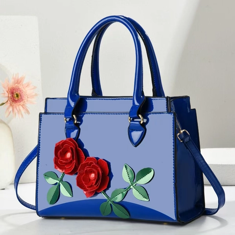 Borsa A Mano Pelle Verniciata Applique Floreale Dimensionale Borsa A Tracolla Moda Elegante Per Donne