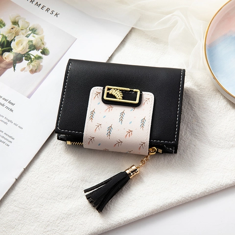 Cartera Corta Para Mujer Cuero PU Estampado Floral Hebilla De Metal Hoja Borla Bolsillo Con Cremallera Monedero