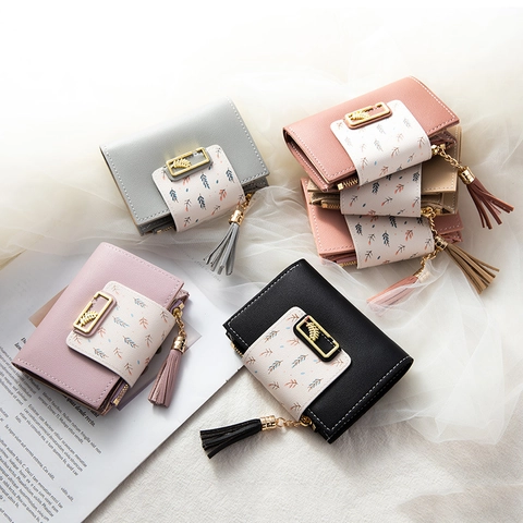 Cartera Corta Para Mujer Cuero PU Estampado Floral Hebilla De Metal Hoja Borla Bolsillo Con Cremallera Monedero