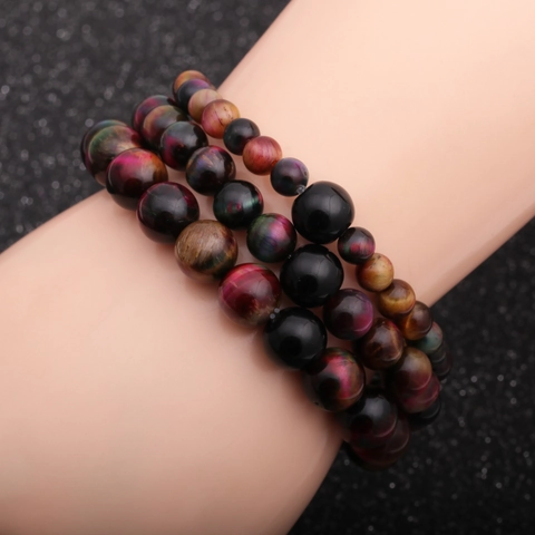 Pulsera De Cuentas Ojo De Tigre Hombre Natural Colorido Sanación Elástico Joyería Artesanal