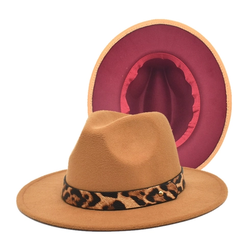 Cappello Fedora Feltro Di Lana Blocchi Di Colore Cintura Leopardata Rivetto Dorato Tesa Larga Jazz Vintage Per Donne Uomini