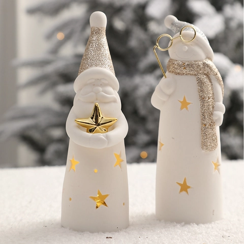 Christmas Ceramic Glowing Ornaments LED Night Light Hollow Star Snowman Santa Claus Reindeer Desktop Festive Decor