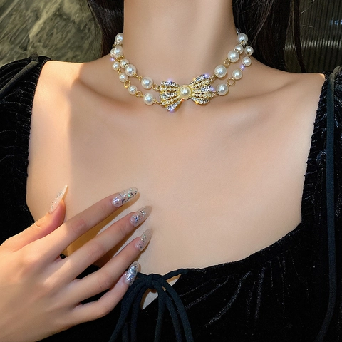 Layered Imitation Artificial Pearl Necklace Alloy Rhinestone Bowknot Pendant Vintage Elegant Jewelry For Women