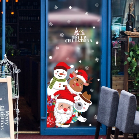 Christmas Wall Stickers PVC Cartoon Santa Snowman Reindeer Window Glass Door Decals Holiday Party Decoration