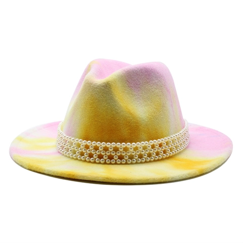 Tie Dye Wool Felt Fedora Hat With Triple Row Artificial Pearl Beaded Band Flat Wide Brim Vintage Jazz Hat For Women Men