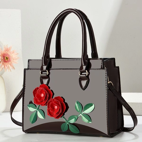 Sac à Main en PU Mode Femme Décor Fleur Rose 3D Aspect Verni Sac à Bandoulière Chic Sac à Main Porté Épaule Cadeau Quotidien