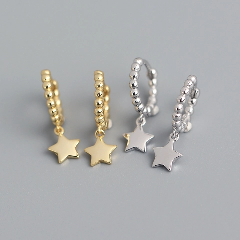925 Sterling Silver Hoop Earrings With Star Pendant Beaded Minimalist Huggie Dainty Jewelry For Women