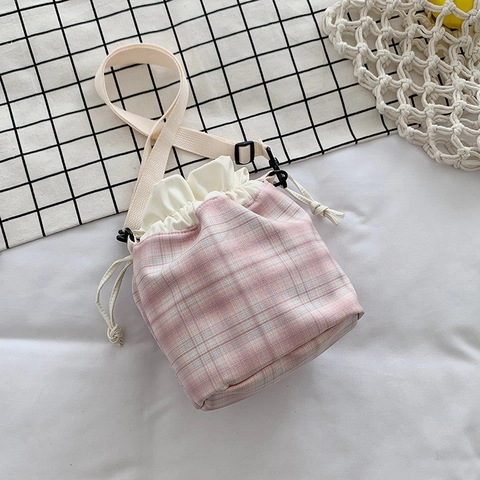 Cute Bunny Ears Canvas Crossbody Bag Cartoon Drawstring Bucket Purse For Women Girls Plaid Casual Shoulder Handbag