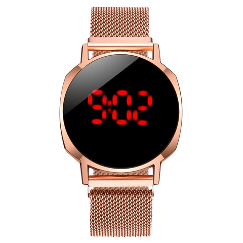 Men LED Digital Watch Stainless Steel Milanese Mesh Band Touch Screen Minimalist Simple Fashion Magnetic Buckle Wristwatch