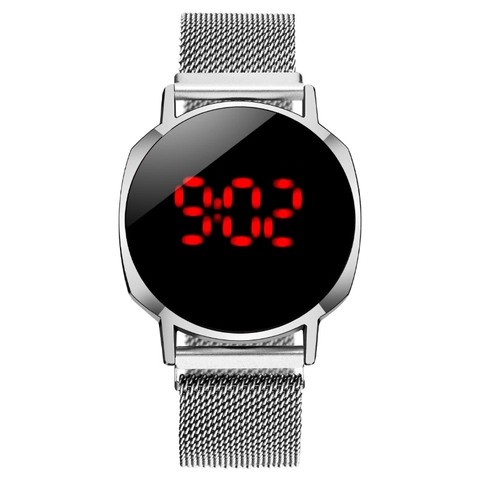Men LED Digital Watch Stainless Steel Milanese Mesh Band Touch Screen Minimalist Simple Fashion Magnetic Buckle Wristwatch
