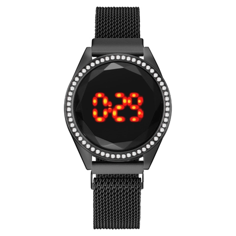Montre Numerique LED Pour Femmes Lunette En Strass Elegante Bracelet Magnetique En Maille Milanaise Montre En Metal