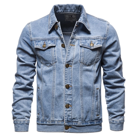Men's Slim Fit Washed Denim Jacket Casual Polyester Outerwear With Lapel And Multi Pockets For Autumn Urban Fashion Style