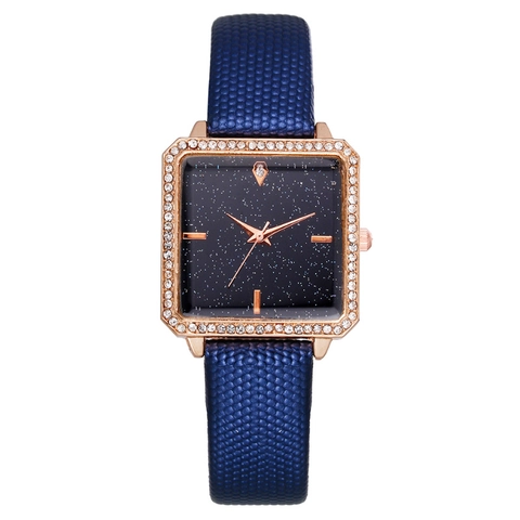 Women Fashion Quartz Watch Square Rose Gold Case Rhinestone Bezel Starry Sky Dial Leather Strap Elegant Wristwatch