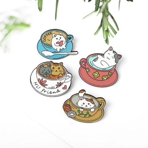 Simpatica Spilla Smaltata Gatto Coniglio Tazza Di Caffè Distintivo Animale Lega Metallo Per Giacca Di Jeans Zaino Accessorio