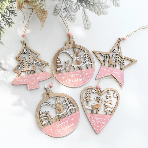 Ornamenti Natalizi In Legno Rosa Forme Intagliate Renna Babbo Natale Stella Cuore Albero Decorazioni Da Appendere Con Campanella