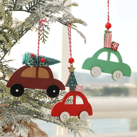 Decorazioni Appese Per Auto Di Natale Pendente Piccolo Veicolo In Legno Con Mini Albero Scatola Regalo Per Casa