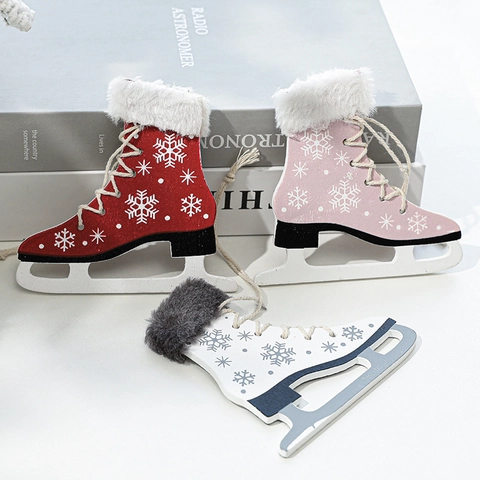 Ornaments Patins À Glace De Noël En Bois Flocons De Neige Fausse Fourrure Décorations À Suspendre Pendentifs Arbre Hiver