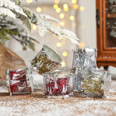 Christmas Tree Mini Drum Hanging Ornaments Plastic Metallic Glitter Festive Holiday Party Home Decor
