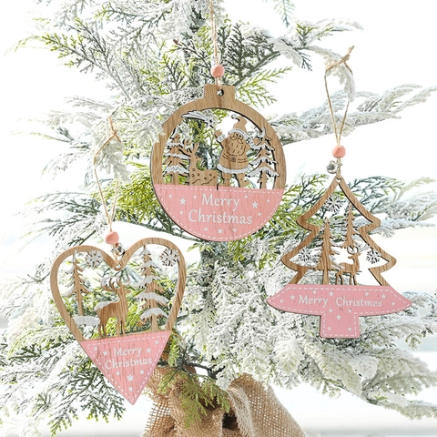 Ornamenti Natalizi In Legno Rosa Forme Intagliate Renna Babbo Natale Stella Cuore Albero Decorazioni Da Appendere Con Campanella