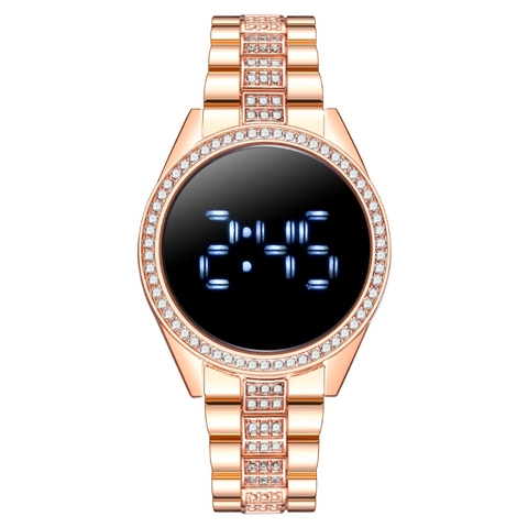 Orologio Digitale a LED da Donna Alla Moda Intarsiato con Strass Cinturino in Lega di Metallo Orologio da Polso Elettronico di Lusso