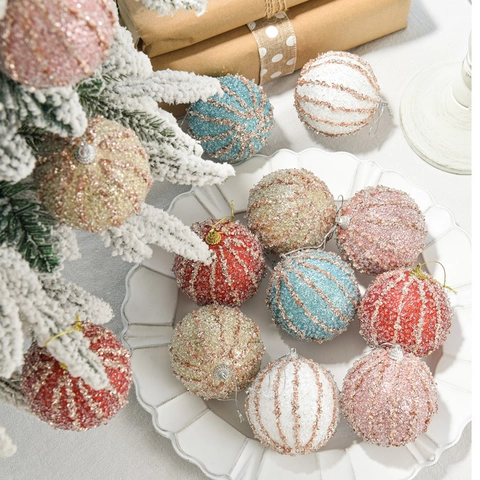 Shimmering Christmas Ball Ornaments Foam Sequin Glitter Vertical Stripe Baubles Holiday Tree Hanging Decorations Party Decor