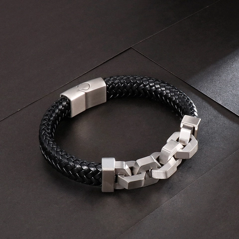 Men Woven Leather Bracelet Stainless Steel Chain Link Punk Style Braided Bangle With Magnetic Buckle Trendy Jewelry