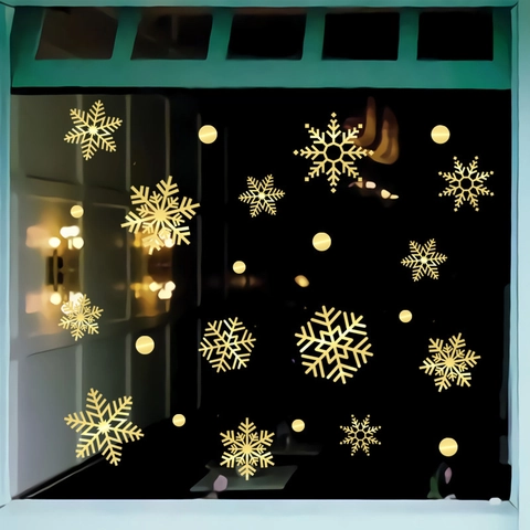Pegatinas Ventana Copo De Nieve Navidad PVC Dorado Cepillado Hexagonal Calcomanías Tienda Vidrio Decoración Hogar Festiva