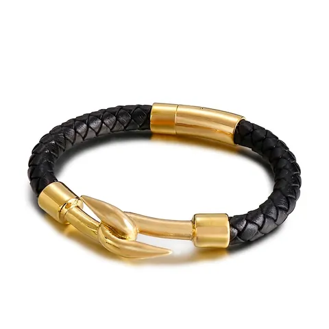 Pulsera De Cuero Trenzado Para Hombre Acero Inoxidable Cierre De Gancho Geométrico Joyería Punk De Moda