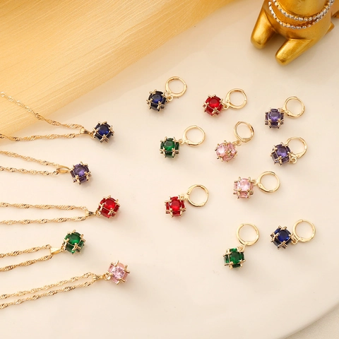 Collier Et Boucles Oreilles Cristal Carré Coloré Cuivre Plaqué Or Cage Wrap Bijoux Mode INS Pour Femmes