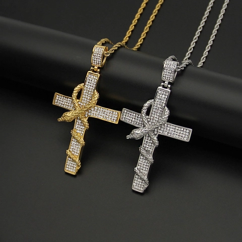 Collar con colgante de cruz ankh envuelta en serpiente acero inoxidable 316 rhinestone incrustado joyería hip hop hombres mujeres