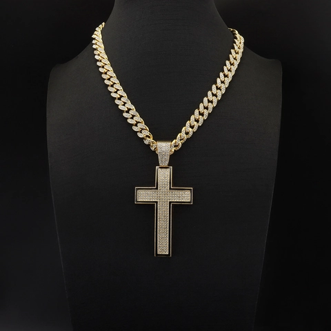 Collana Con Pendente A Croce Hip Hop Strass Lega Smalto Bordo Nero Catena Cubana Gioielli Retrò Per Uomini Donne