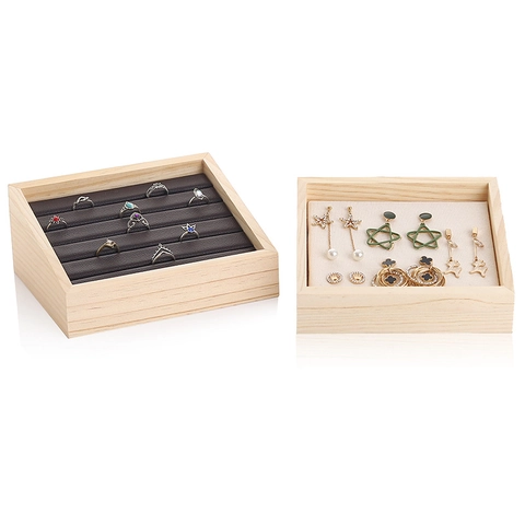 Solid Wood Jewelry Display Tray Slanted Beveled Ring Earring Storage Box Velvet Linen Liner Professional Showcase