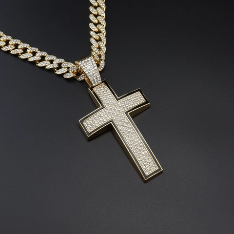 Collana Con Pendente A Croce Hip Hop Strass Lega Smalto Bordo Nero Catena Cubana Gioielli Retrò Per Uomini Donne