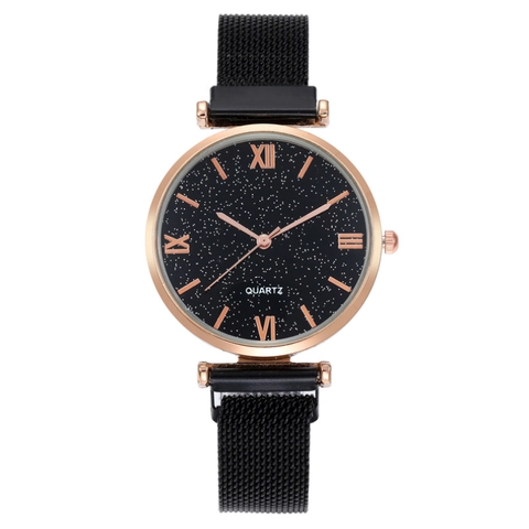 Women Starry Sky Watch Quartz Movement Fashion Mesh Alloy Strap Magnetic Buckle Roman Numerals Elegant Ladies Timepiece