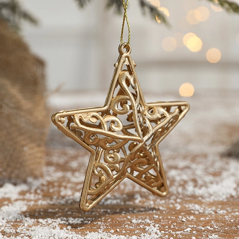 Christmas Tree Ornaments Gold Hollow Star Pendants Electroplated PVC Plastic 3D Eight Pointed Stars Holiday Decor