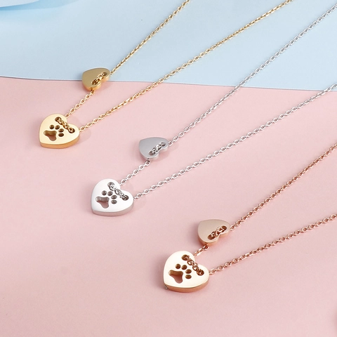 Collar Colgante Corazón Acero Inoxidable Huella Pata Gato Perro Hueco Estilo Dulce Joyería Regalo Para Mujeres