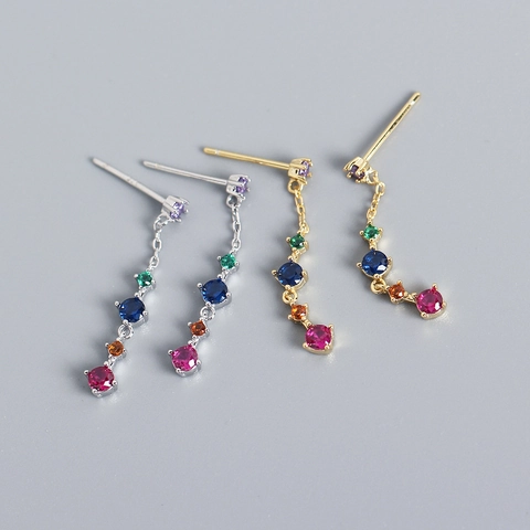 Orecchini Lunghi A Nappa In Argento Sterling 925 Zirconia Cubica Multicolore Arcobaleno Gioielli Raffinati Donna