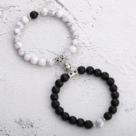 Set di Braccialetti di Perline in Pietra Naturale ad Attrazione Magnetica per Coppia Uomo Donna Chiusura a Cuore Occhio di Tigre Pietra Vulcanica
