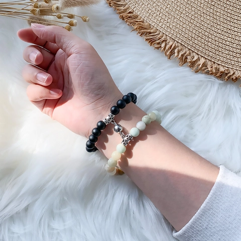 Magnetic Couple Beaded Bracelets Natural Tiger Eye Stone Lava Rock Heart Clasp Distance Handmade Fashion Jewelry Gift