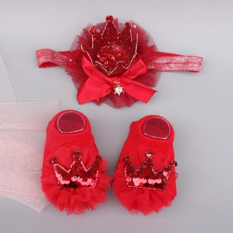 Baby Girl Headband And Socks Lace Mesh Crown Swan Decor Soft Cotton Breathable Floral For Newborn Infant Photography