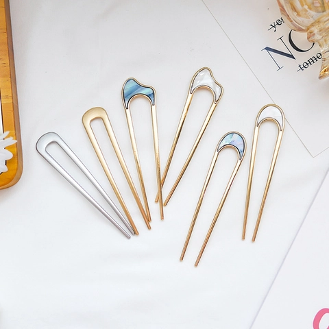 U-förmiger Haarstab Aus Metalllegierung Mit Perlmutt-Inlay Einfacher Eleganter Haarknoten-Gabel Für Frauen