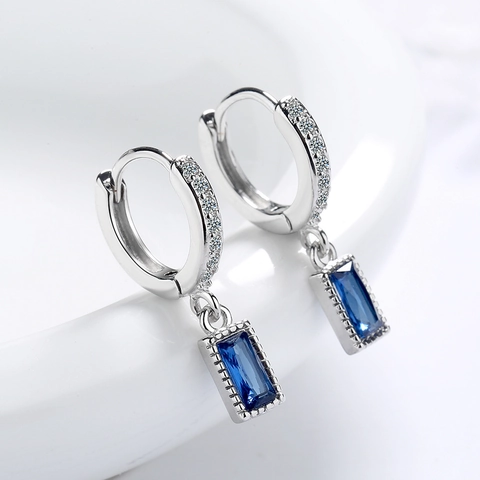 Sweet Korean Style Copper Zirconia Rectangle Pendant Hoop Earrings Silver Plated Blue Stone Drop Earrings For Women Jewelry