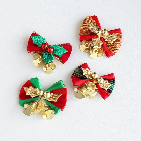 Christmas Bow Ornaments Mini Metal Bells Holly Leaves Berries For Holiday Tree Decoration Gift Wrapping Fabric Ribbon