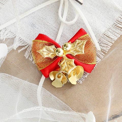 Christmas Bow Ornaments Mini Metal Bells Holly Leaves Berries For Holiday Tree Decoration Gift Wrapping Fabric Ribbon