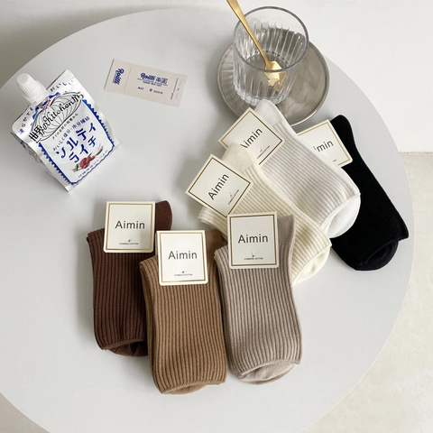 Women Slouch Socks Combed Cotton Ribbed Knit Mid Calf Socks Japanese Style Solid Color Breathable Soft Vintage